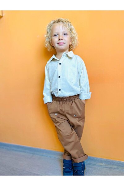 Motebarn Wear Boy's Buttoned Shirt and Trousers Set Ecru Brown 2-Piece Combin...