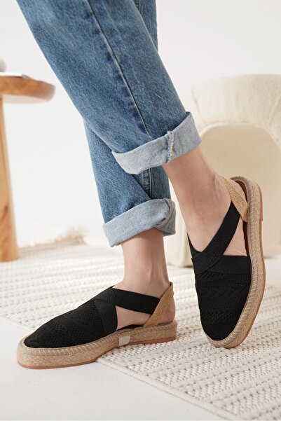 alfaze Siyah Tekstil Kilim Desenli El Yapımı Jüt Sargı Taban Espadril Ayakkab...