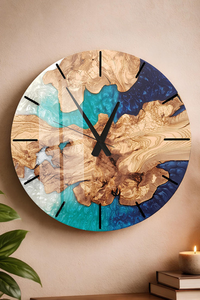 kutuTR Ahşap ve Turkuaz Epoksi Görünümlü Temperli Cam Duvar Saati 45 cm Sessi...