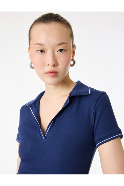 Koton Navy Cotton Short Sleeve Ribbed Polo Neck T-Shirt
