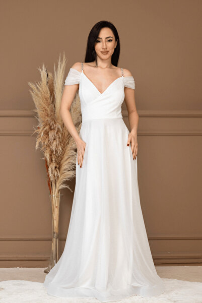 BEYBOS Rochie de seara din stofa cu sclipici cu decolteu bateau - ALBA