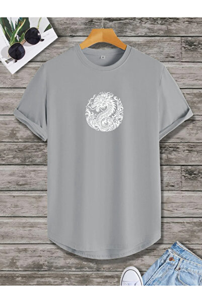 SUNFREE ЛЕТНА УНИСЕКС ТЕНИСКА ОТ ПАМУК С ОВАЛЕН ПОДГЪР, С ПРИНТ НА ДРАКОН