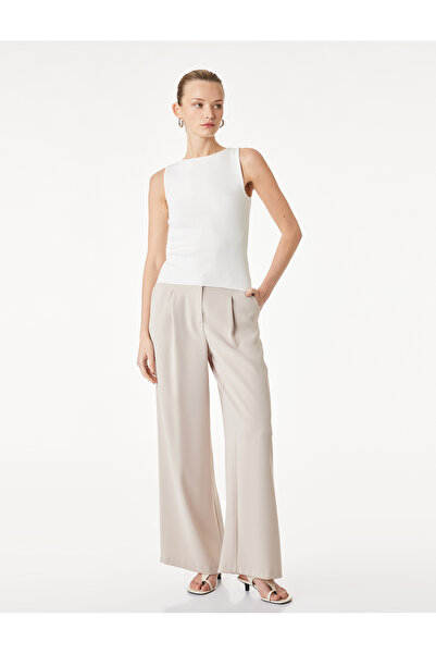 Koton Beige Pockets Pleat Detail Crepe Fabric Straight Wide Leg Pants