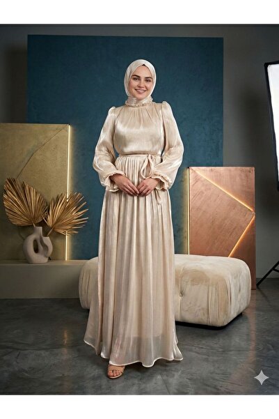 STİLZARAFET Belted Janjan Fabric Hijab Evening Dress