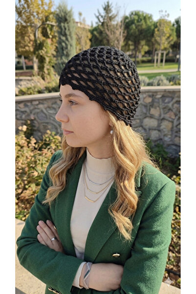 HÜMANATURAL El Örgüsü Siyah Yazlık File Şapka Şık Bohem Saç Aksesuarı