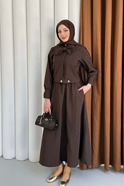 Modaensarbutik Ceketli Paraşüt Kumaş Etekli Tesettür Takım-KAHVERENGİ