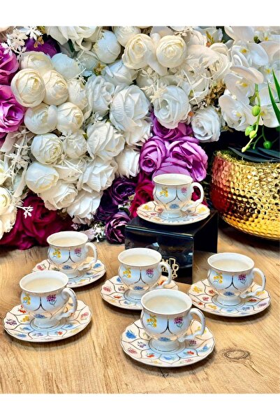 MİEN Flower 90 ML Porselen Türk Kahvesi Fincanı Takımı 6 Kişilik – Desenli Ka...