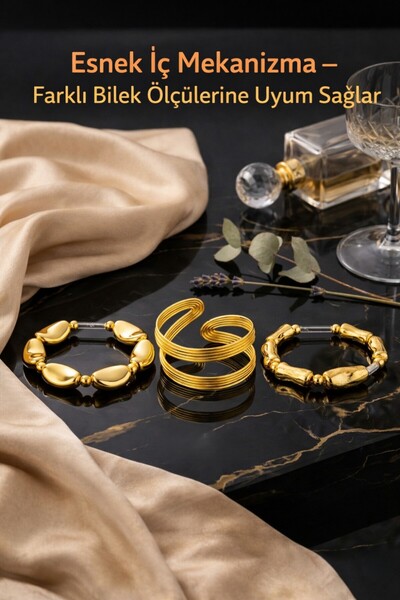 POEM JEWELLERY 18 Ayar Altın Kaplama 3’lü Bilezik Seti Spiral Manşet Organik ...