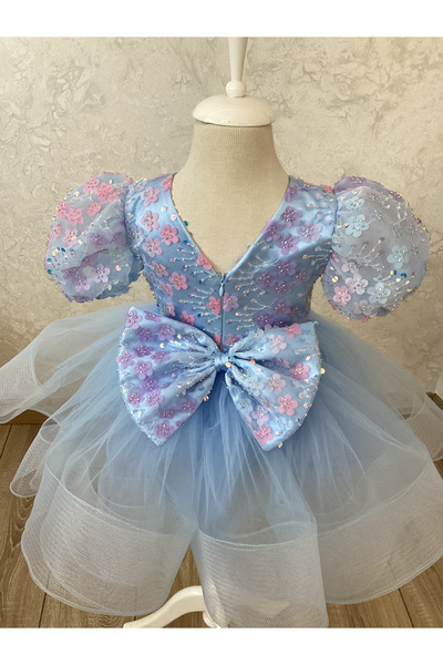 Kidstore Kız Çocuk Bebe Mavi Çiçekli Tasarım Elbise