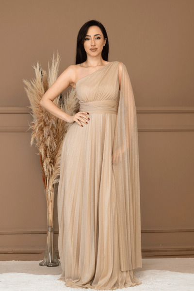 BEYBOS Glitter Tulle Fabric Pleated Detail Evening Dress - Beige