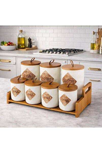 ABAREEK Ceramic spice jar set, 7 pieces, with wooden stand