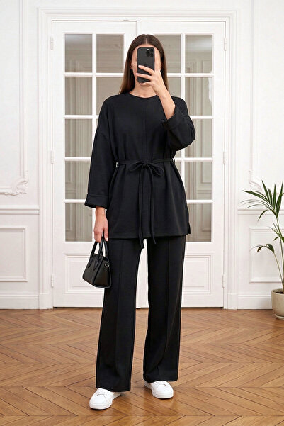 MODAQU تِكّة طقم علوي وسفلي بفتحة جانبية وأكمام قابلة للطي - أسود