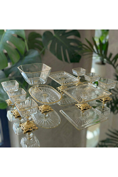 Empressco 10 PARCA GOLD METAL AYAKLI PASTA - SALATA - TATLI - KASE VE SERVİS ...