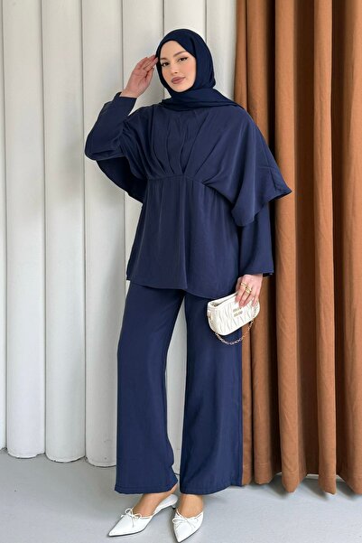 Modaensarbutik Linda Arka Pelerin Detay Pantolon Tesettür Takım-LACİVERT