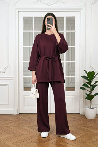 MODAQU Drawstring Waist Slit Detailed Sleeve Folded Top and Bottom Set - Clar...