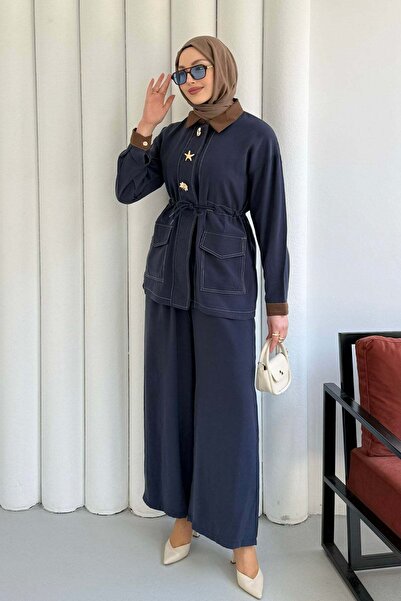 Modaensarbutik Belden Sıkmalı Broş Düğme Detay Tesettür Takım-LACİVERT