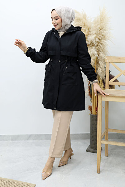 Tesettür Dünyası Hooded Buy Ruched Trench Coat Tsd260148 Black