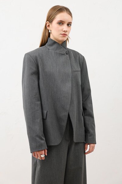 Antioch Gri Dik Yaka Kadın Blazer Ceket