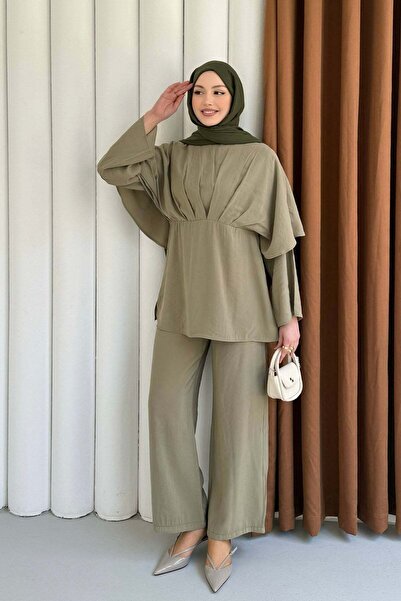 Modaensarbutik Linda Arka Pelerin Detay Pantolon Tesettür Takım-MİNT YEŞİLİ