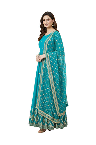 MYSMAR Blue Faux Georgette Gown - HRT7368 | Blue