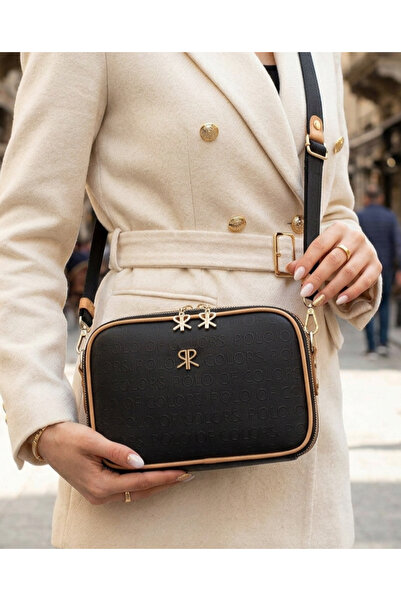 Çanta Trend Polo Of Colors Negru Camel 5 compartimente în relief piele sintet...