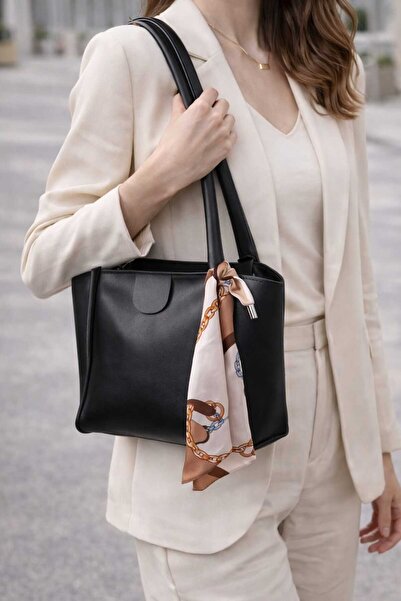 ELAN Kadın Çanta Fular Detaylı El Kol ve Omuz Çantası Siyah