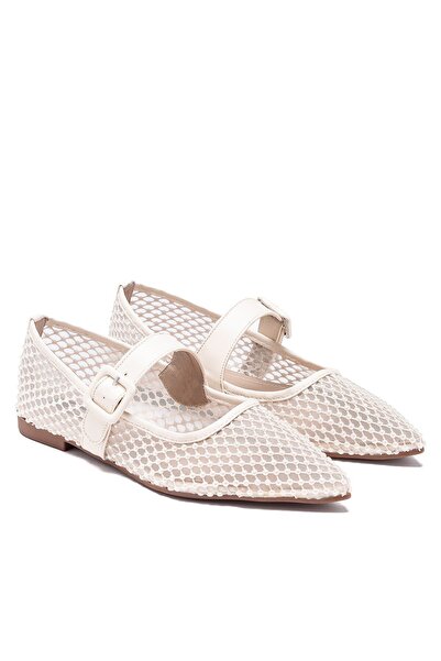 Dedos Kadın Bantlı Hava Alabilen Özel Fileli Boncuklu Sivri Burun Babet Ayakk...