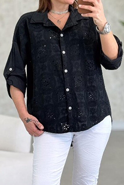 AYASOFYA OTANTIK Γυναικείο ιταλικό πουκάμισο με μαύρο μοτίβο τριφυλλιού με αν...
