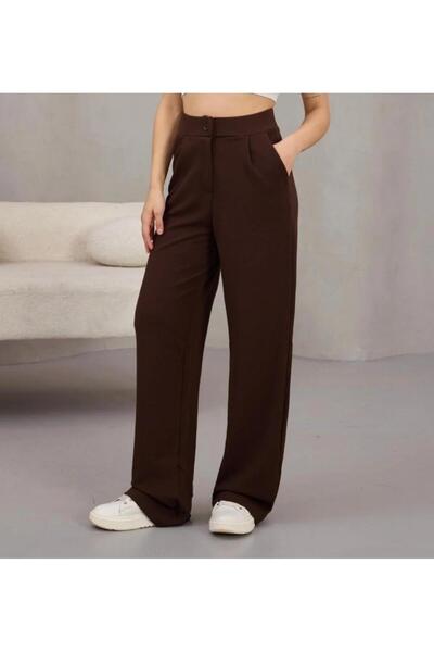 FLEX FASHION بنطلون نسائي قماش قابل للتمدد فضفاض واسع الساق بأزرار بني بنطلون...