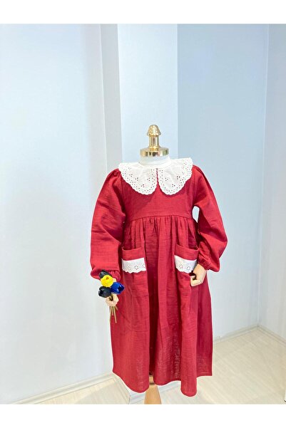 UHDE STORE Kız Çocuk Bordo Dantel Yakalı Cepli Tesettür Elbise Pamuk Müslin U...