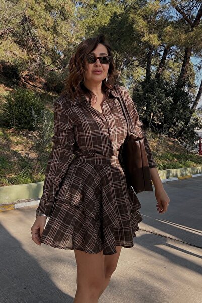 ELVAN TOLON Set cămașă și fustă maro, ecosez piese