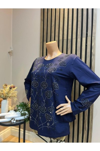 AKMAVİ Women's Middle Age and Above Rose Garden Patterned Stretch Fabric Stoned Mother Combed Cotton Blouse