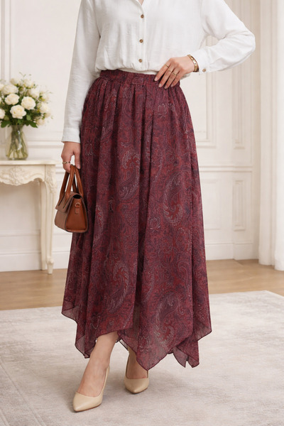 bellura Etnik Desen Beli Lastikli Astarlı Asimetrik Kesim Şifon Etek