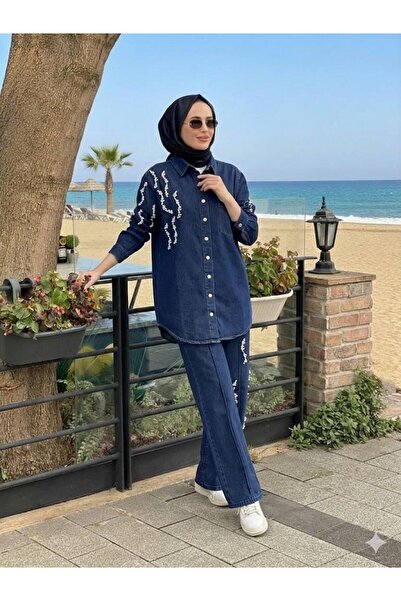 Moodbasic İncili Pantolonlu Denim Takım