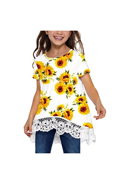 OnlyU Girls' Short-Sleeved pleated summer T-shirt, flared, blouse, for childr...