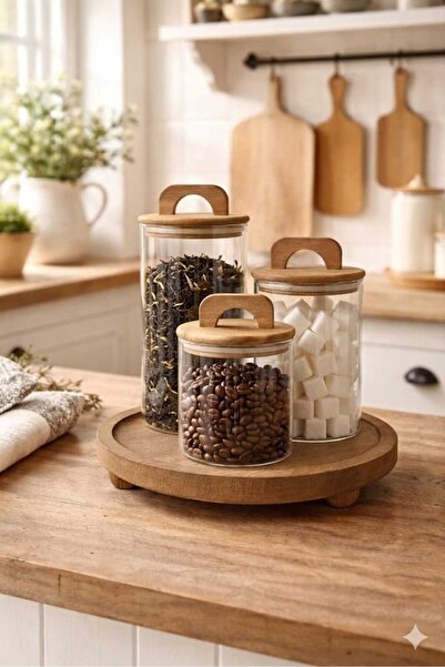 Durina Living 3-Piece Glass Jar Set with Acacia Lid and Wooden Stand Borosili...
