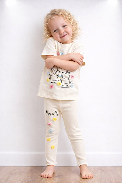 Motebarn Wear Girl's Peppa Pig Printed Floral Detailed Short Sleeve Tights 2-...