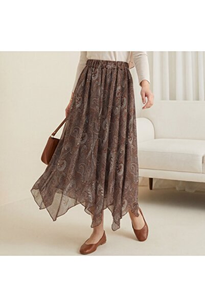 bellura Etnik Desen Beli Lastikli Astarlı Asimetrik Kesim Şifon Etek