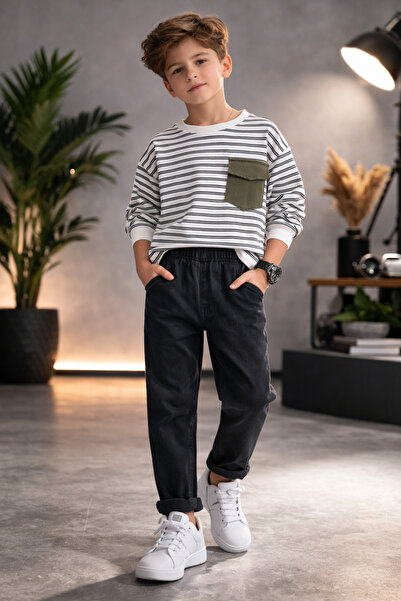 Premium Boy's Holiday Set Striped Pocketed Sweatshirt & Elastic Jeans Stylish...