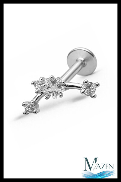 MAZEN Yıldız Taşlı Arkası Düz Piercing | 316L Çelik | Gümüş Renk | Tragus Hel...
