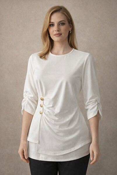 auraboutique Kadın Beyaz Drapeli Yan Düğme Detaylı Bisiklet Yaka Bluz