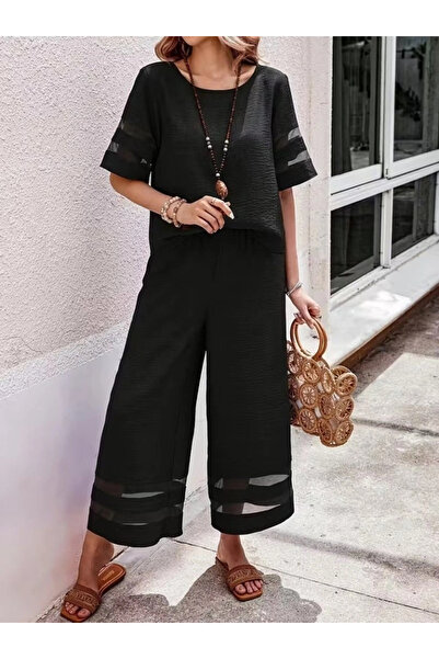 özssa Women's Short Sleeve Crew Neck Tulle Striped Detail Blouse and Trousers...