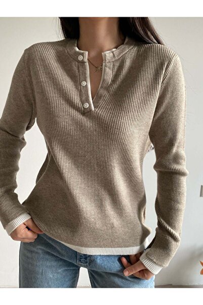 Bade Butik Mink Ecru Two-Color Knitwear Sweater