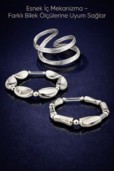 POEM JEWELLERY 925 Ayar Gümüş Kaplama 3’lü Bilezik Seti Spiral Manşet Organik...