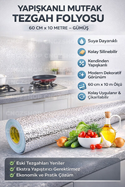 CNGZSHOP Yapışkanlı Mutfak Tezgah Üstü Folyo Gümüş – 60 cm x 10 Metre | Kolay...