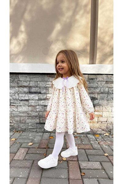 Butik Vintage Stil Kız Çocuk Keten Elbise - Pamuklu Brode Yakalı Çiçekli Elbise