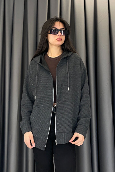 Tmptekstil Glittery Zippered Hooded Cardigan - Anthracite Anthracite