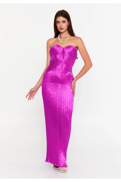 Ejolie Rochie Lungă Elegantă Fucsia Plisată Tip Corset pentru Evenimente Speciale –