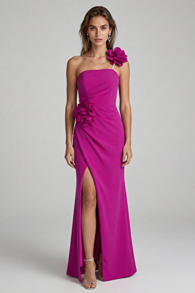Ejolie Desire long elegant fuchsia dress with asymmetrical design