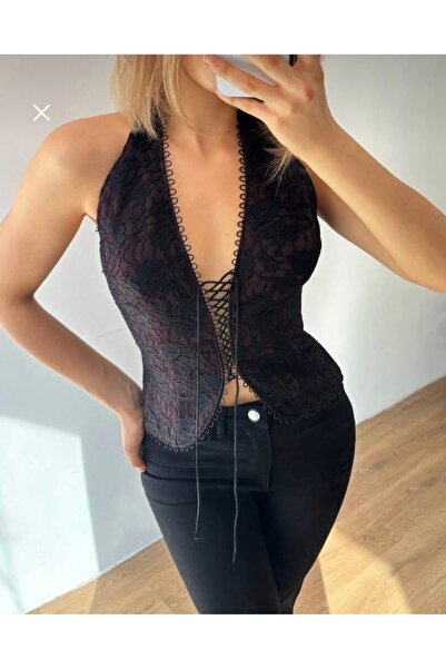 Jungle Boyundan Geçmeli Tasarim Dantel Detay Korse Bluz Büstiyer